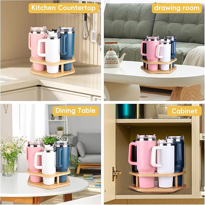 Water Bottle Organizer for Stanley 40 oz Tumbler, 7 Slots Rotatable Stanley Cup Organizer for Kitchen Cabinets, Wood Tumbler Organizer Holder for Stanley Cup Accessories Wood