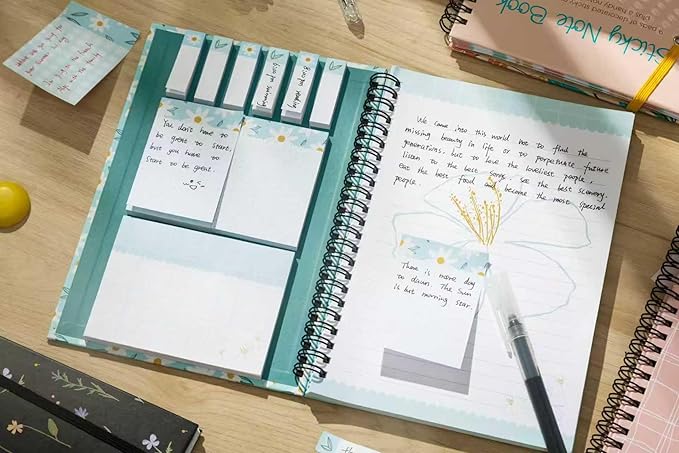 A5 Spiral Sticky Notebook,with 9 pads of decorated sticky notes and a handy notebook,Note Pads Teacher Appreciation Gift Writing Memo Pads School Office Supplies and Daily Life Organization (Daisy)