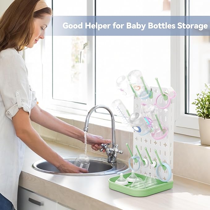 Baby Bottle Drying Rack Bottle Dryer Rack for 12 Bottle Drying Rack Space Saving Kitchen Countertop Vertical Cup Drainer Rack Detachable Baby Bottle Holder Storage Organizer Pump Part Dryer Rack Green