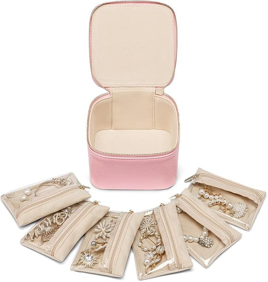 Vlando Jewelry Travel Case, Travel Jewelry Organizer with Clear Velvet Jewelry Bags 6Pcs Zipper Pouch for Women Girl Traveler Gift-Strawberry Pink
