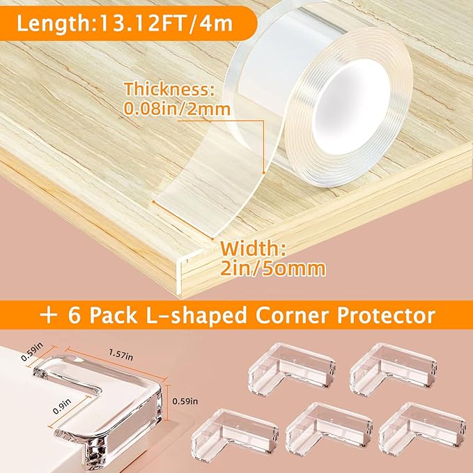 Clear Soft Corner Protectors for Furniture Strip, 2 in x 13.12 FT Edge Bumper with 6 Corner Guards, Window Edge, Wall Protector, Table Corner Protectors and Fireplace in Family
