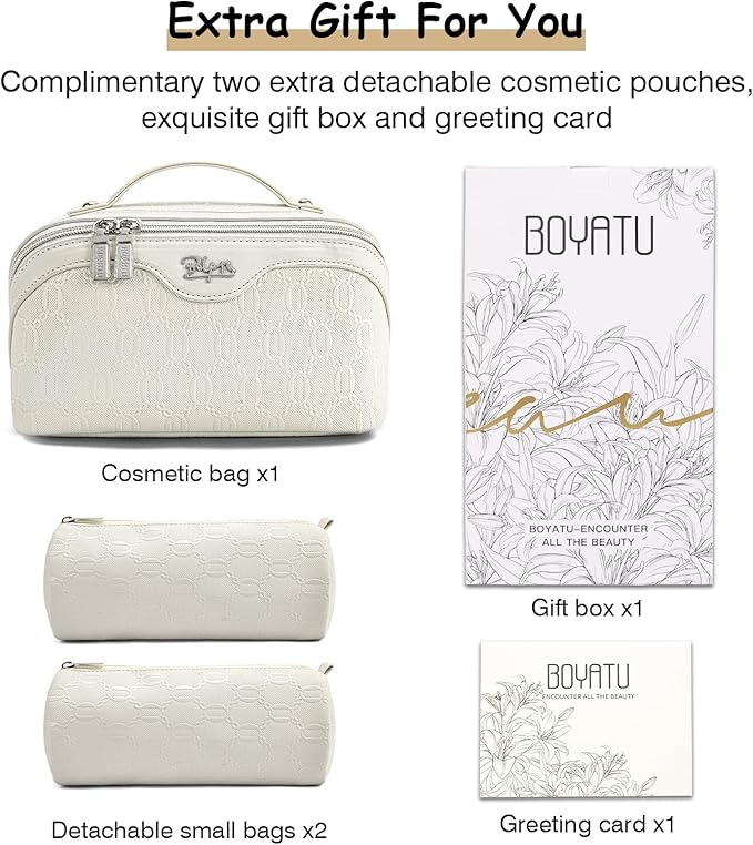 BOYATU Travel Makeup Bag for Women: Cosmetic Organizer Bag with Compartments - Leather Makeup Bags Set of 3 (G-2-White)