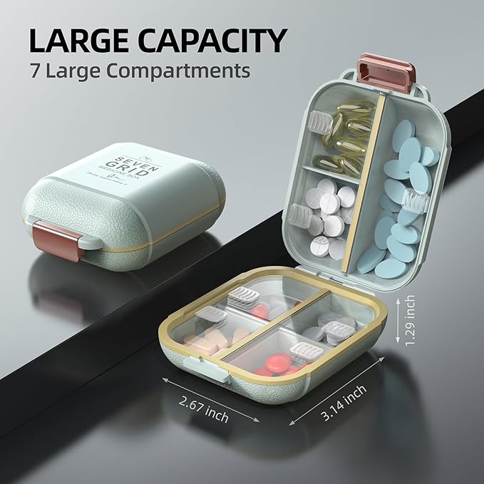 Portable Pill Organizer, Pill Box with 7 Compartments, Small Pill Case for Travel, Daily Medicine Pill Organizer with Air-Tight Lid, BPA-Free Material Small Pill Container (Green)