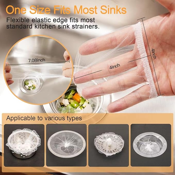 200Pcs Disposable Kitchen Sink Strainer Mesh Bags, Elastic Anti-Clogging Sink Drain Covers, Food Waste Debris Catcher, Fits Most Sink Strainers