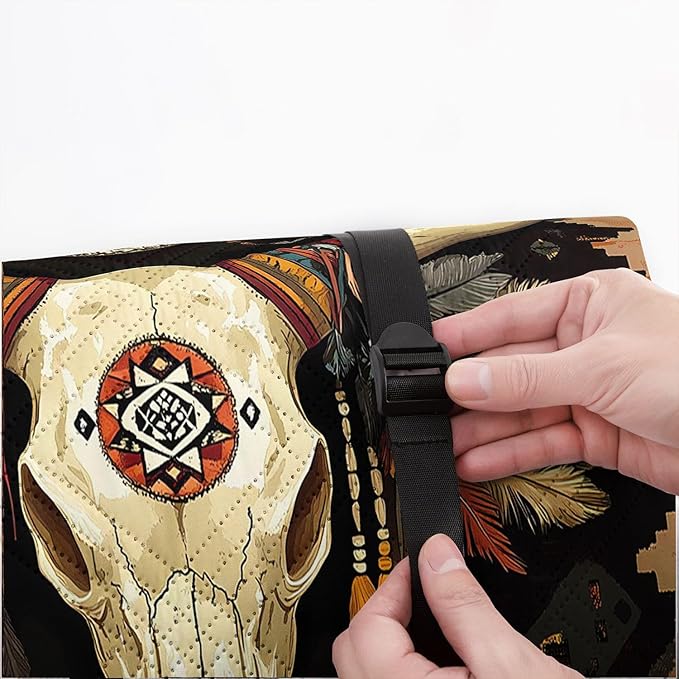 Outdoor Picnic Blanket Portable Ultrasonic Waterproof Picnic Bull Skull Printed Camping Beach Mat for Sand and Wet Grass Hiking (Bull Skull L