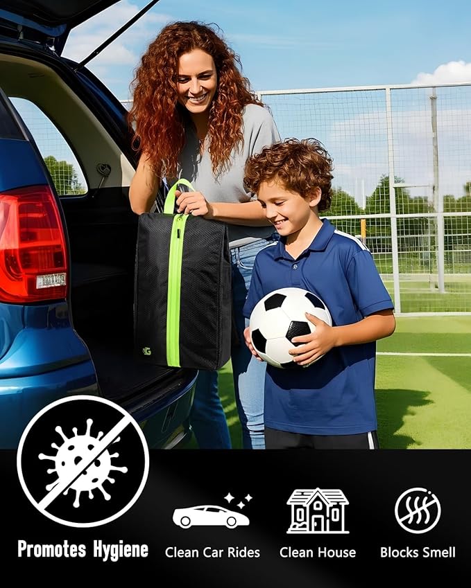 Smell Proof Shoe Bags for Travel-Soccer Cleat Bag Smell Proof with Active Carbon Fabric | Odor-Absorbing Water-Resistant Track Shoe bags for Sports (Black with Black, UP TO US11)