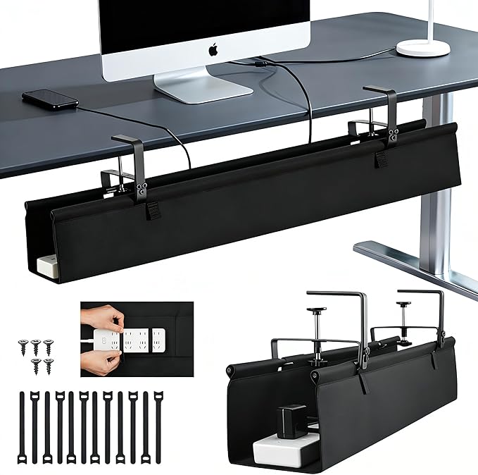 Oxford Cloth Under Desk Cable Management Tray, No-Drill 36" Desk Cable Management Organizer with Clip/Screw Installation, Fabric Cable Management for Home, Office & Gaming Computer (Black)