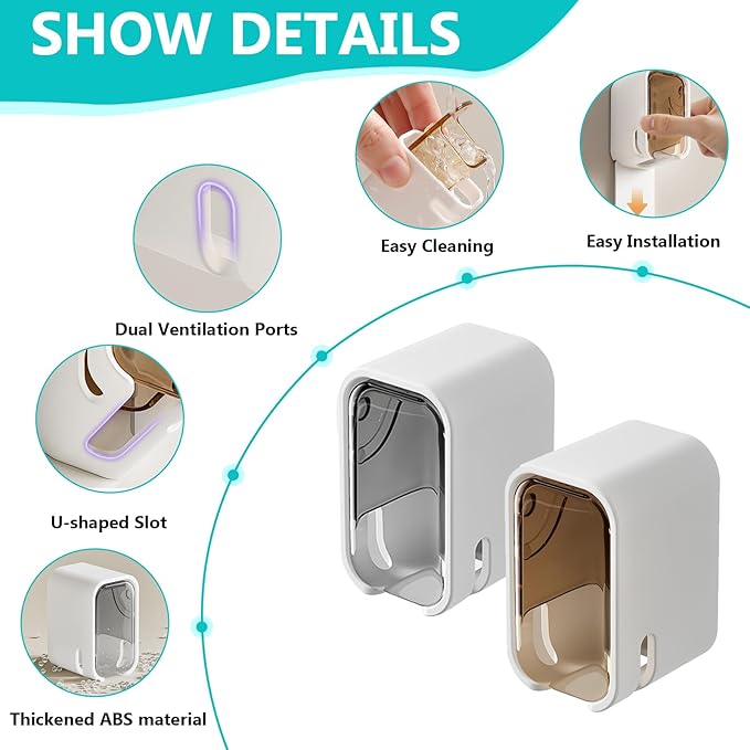 2 Pack Toothbrush Holders for Bathroom, Self Adhesive Wall Mounted Toothbrush Holder with Cover, Single Toothbrush Dispenser Storage Organizer for Family, Travel, Waterproof and Dustproof (Grey)