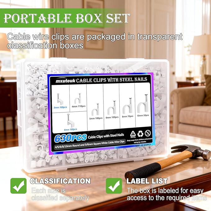 mxuteuk 630PCS Cable Clips with Steel Nails, 4/5/6/8/10mm Round and 5/6mm Square White Cable Wire Clips, Wall Clips for Cords, Cable Cord Clips for RG6 RG59 CAT6 RJ45