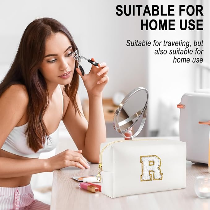 Gifts for Girls Initial Makeup Bag Personalized Cosmetic Bag with Zipper Cute Travel Toiletry Bags Waterproof PU Preppy Makeup Pouch Birthday Gift for Teen Girls Women(White R)
