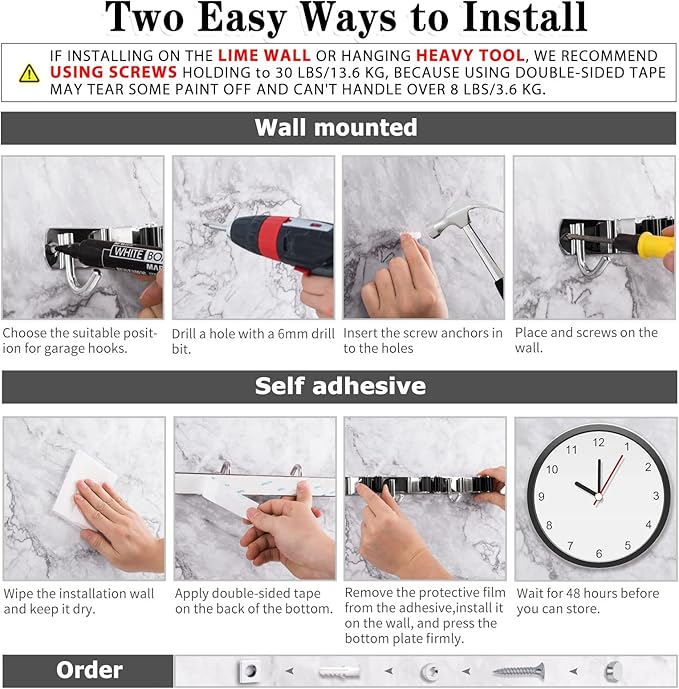 2 Pack 3 Racks and 4 Hooks Broom and Mop Holder Wall Mounted Garage Organizer Storage Tool Racks Stainless Steel Heavy Duty Hooks Self Adhesive Solid Non-slip Wall Hangers for Home Kitchen Garden