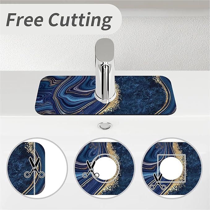 Kitchen Sink Splash Guard, Dark blue gold marble Faucet Mat Sink Gadgets - Super Absorbent Fast Drying Mat Drip Catcher for Kitchen, Bathroom, Sink Mat, Dish Drying Mat, Bathroom (15" X 5.5")