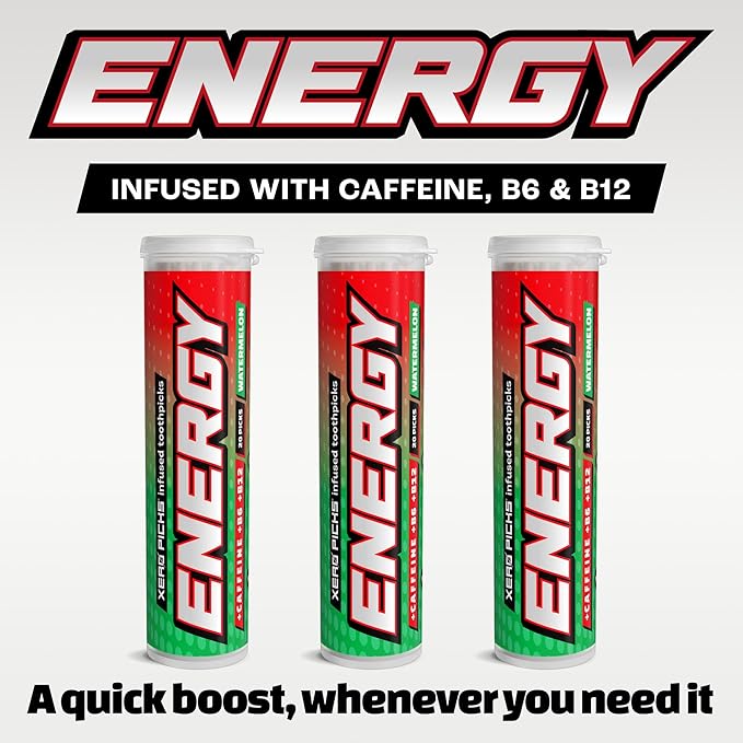 Xero Picks Energy Caffeine Flavored Toothpicks B12 for Focus & B6, 60 Picks (Pack of 3) (Watermelon) Sugar-Free Alternative to Energy Mints & Gum - Kosher
