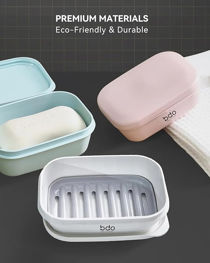 Travel Essentials Soap Holder with Lid, Leakproof Soap Dish with Drainage Layer, Portable Travel Soap Bar Case for Camping, Gym, Bathroom, Kitchen, Dormitory, Hotel (Green)