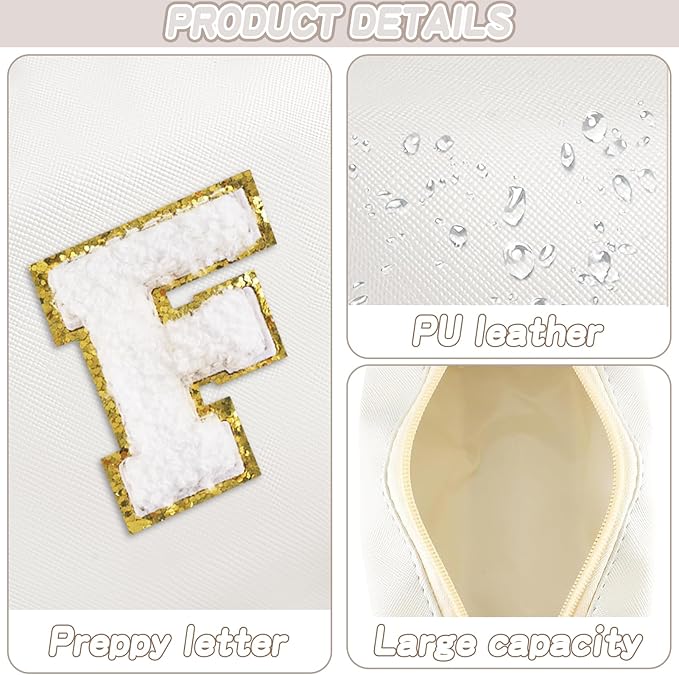 Gifts for Girls Initial Makeup Bag Personalized Cosmetic Bag with Zipper Cute Travel Toiletry Bags Waterproof PU Preppy Makeup Pouch Birthday Gift for Teen Girls Women(White F)