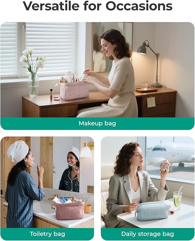 BAGSMART Makeup Bag Travel Cosmetic Bag, Puffy Padded Make Up Bags for Women Makeup Organizer Case, Wide-open Pouch Purse Travel Essentials Toiletries Accessories Brushes, Grayish Purple
