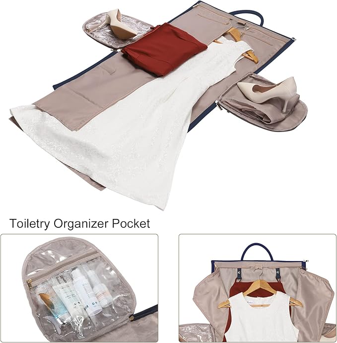 Modoker Women Convertible Leather Garment Bag with Shoulder Strap, PU Leather Garment Duffel Bag Carry on 2 in 1 Hanging Suitcase Suit Travel Bags, Blue