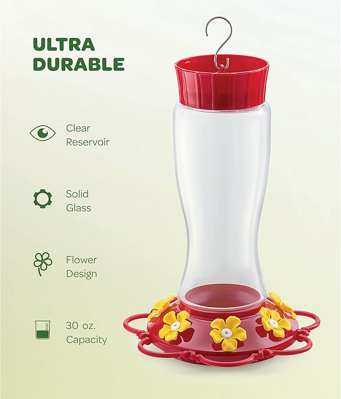 Hummingbird Feeder 30 oz [Set of 2] Glass Hummingbird Feeders for Outdoors - with Built-in Ant Guard - Circular Perch with 7 Feeding Ports - Wide Mouth for Easy Filling/2 Part Base for Easy Cleaning