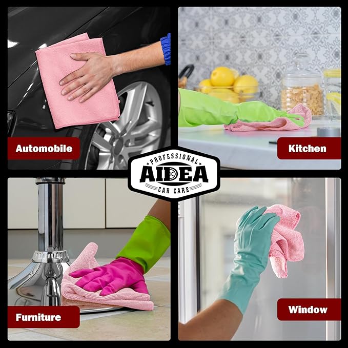 AIDEA 극세사 청소용 천 핑크 20팩, 자동차용 극세사 타월, 고급 자동차용 천, SUV, 가정, 주방, 창문, 작업장용 보푸라기 없는 먼지 제거용 걸레, 12×12인치