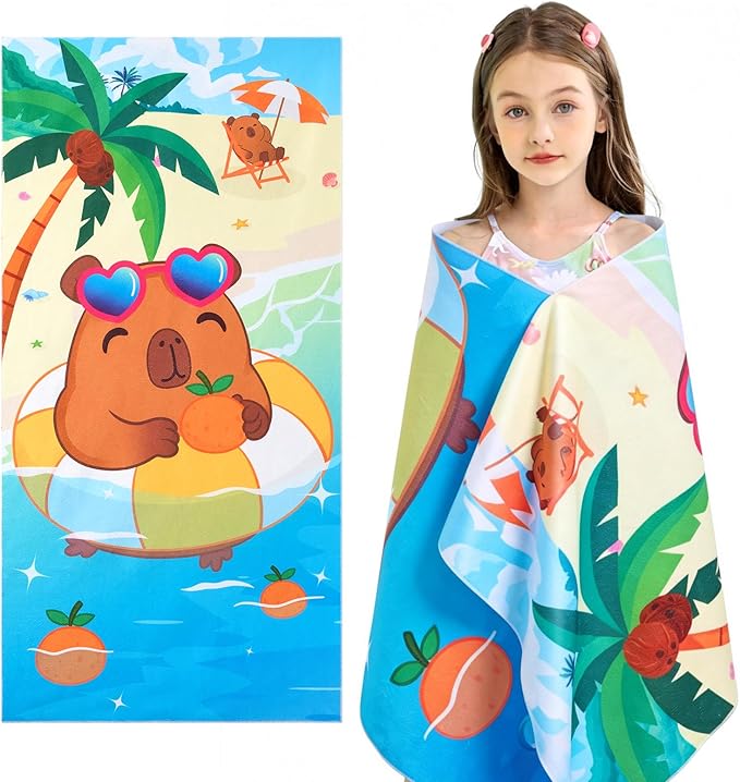 WERNNSAI Beach Towel for Kids, 30”x 60”Capybara Quick Dry Sand Free Kids Beach Towel for Girls Personalized Beach Towel Pool Camping Travel Towel Soft Beach Blanket Bath Shower Towel