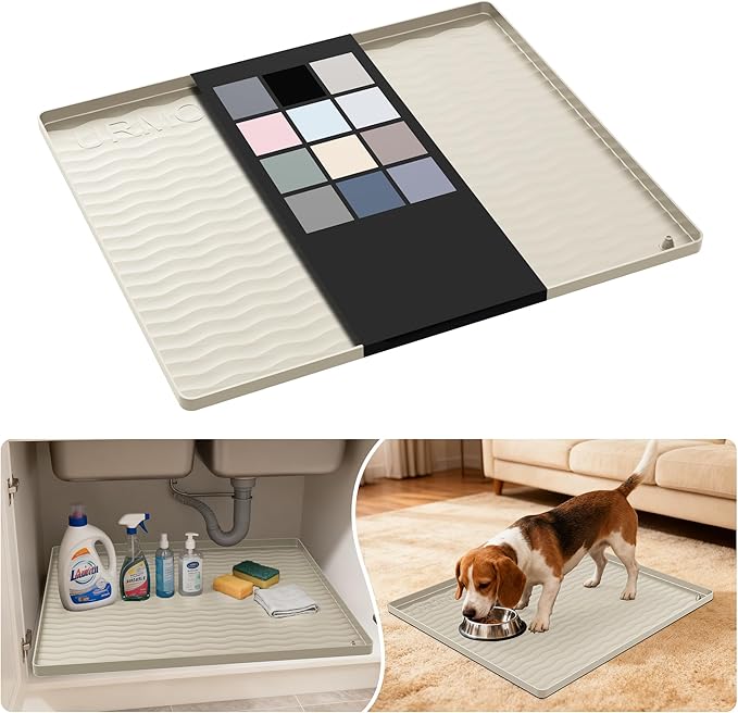 URMONA Waterproof Silicone Under Sink Mat 22'' x 19'' Shelf Liner for Kitchen and Bathroom, Cabinet and Counter Protector, Storage and Organizers, Litter Mat, Pet Cat Puppy Essentials(Cream)
