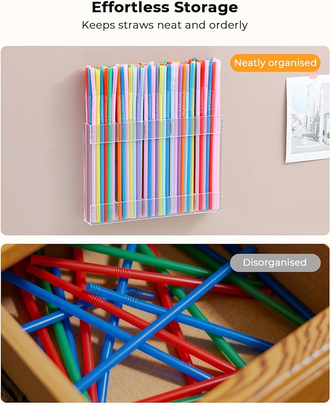 Straw Holder, Straws Organizer, Kitchen Counterware Storage Rack, Features Strong Adhesive Double-Sided Tape, Suitable for Countertops and Cabinets (Transparent)