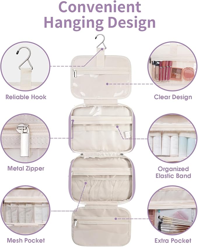 Narwey Travel Toiletry Bag for Women Large Hanging Makeup Bag Organizer Toiletries Bag for Full Size Essentials Accessories Cosmetics (Purple (Large))