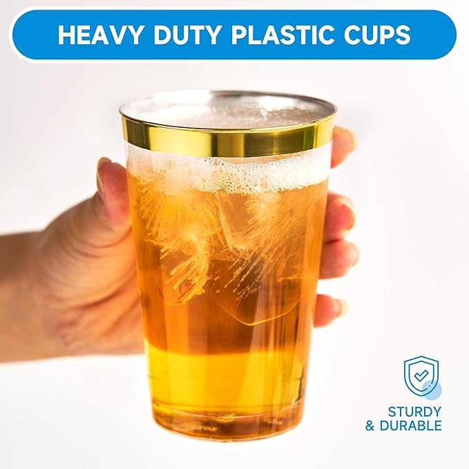RACETOP 12 oz 200 Pack Disposable Plastic Cups with Gold Rim, Disposable Gold Rim Plastic Cups for Parties, Weddings, Gatherings, and Festival Events