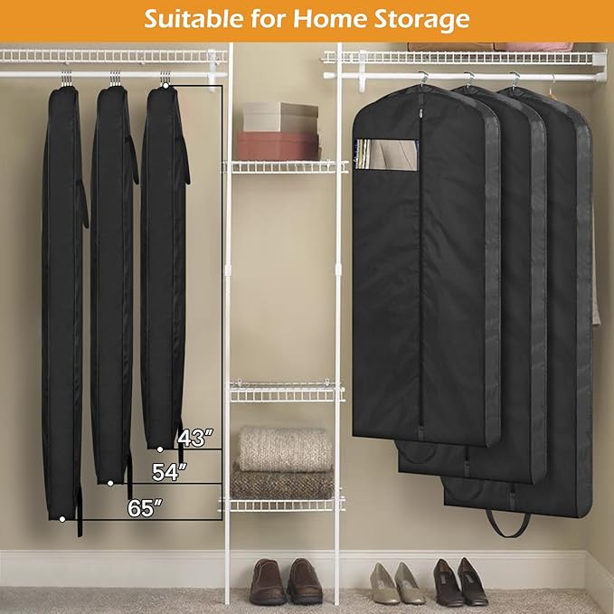 MISSLO 65" Long Garment Bags for Travel Dress Bags for Hanging Clothes Wedding Dress Cover Waterproof Clothes Protector for Closet Storage 2 Packs for Gowns, Tuxedos, Coats, Black