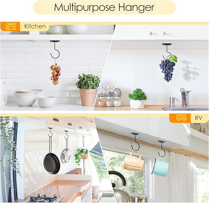 2PCS Self Adhesive Banana Hook Under Cabinet Foldable Banana Hanger Black Metal Under Counter Banana Hook to Keep Bananas Fresh Banana Holder for Kitchen RV Space Saving
