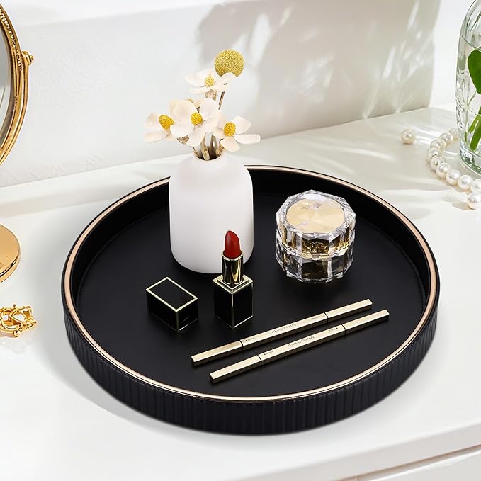 KINGFOM Round Tray for Coffee Table, PU Leather Valet Nightstand Desk Organizer for Men Women, Golden Trim Tray for Home Decor Living Room Dining Table, Perfume Trays Nightstand Organizer Black