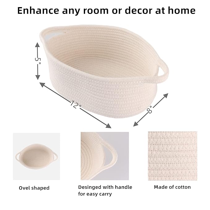 Small Woven Basket Cute Oval Cotton Rope Gifts Basket with Handle Empty Baby Wicker Storage Basket Nursery Box Bin Kids Organizer Cat Dog Toy Basket Easter Basket White