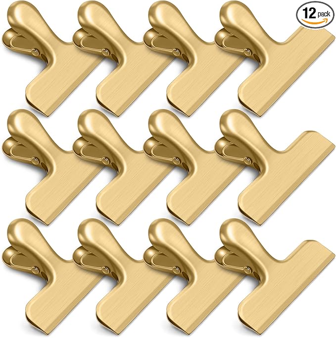 12 Pack Chip Clips, Stainless Steel Chip Bag Clips, Food Clip, Heavy Duty Bag Clip for Food Storage, Perfect for Kitchen Office Usage (Gold)