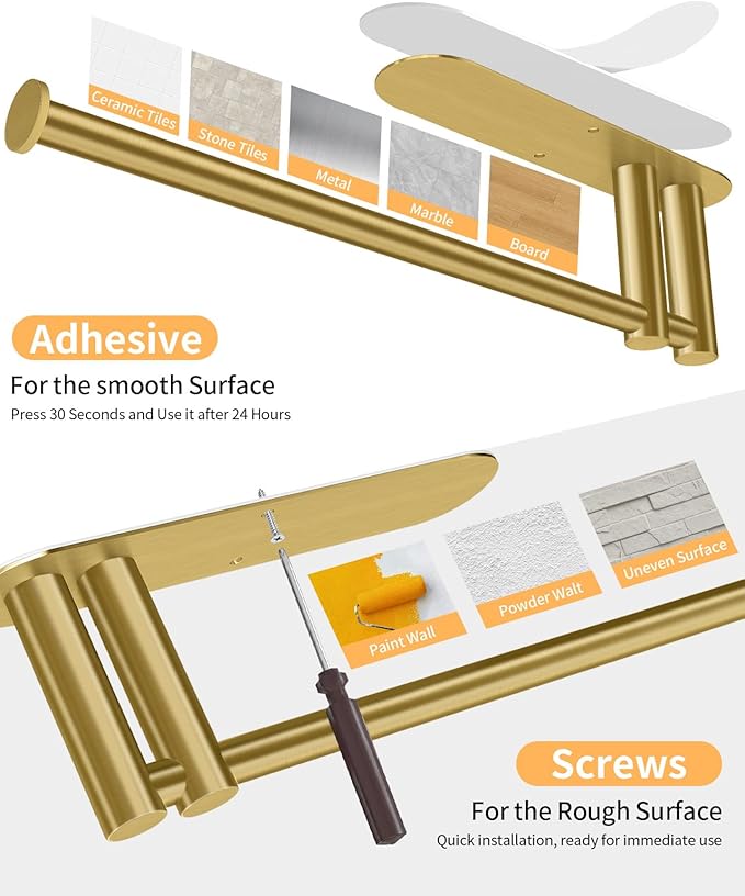Paper Towel Holder Under Cabinet, 13Inch Self-Adhesive or Wall Paper Towel Holder for Kitchen, Bathroom, RV, Gold