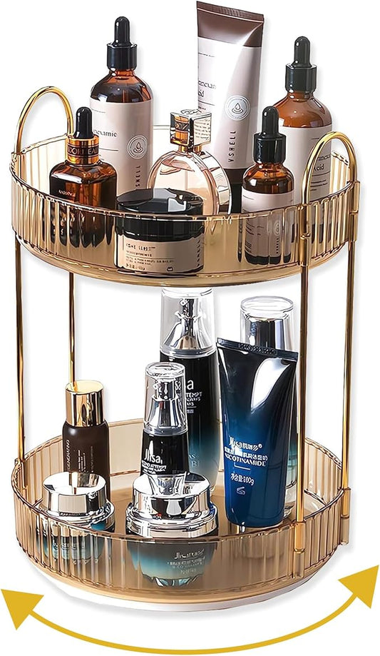 360 Rotating Gold Makeup Organizer, 2-Tier Large Capacity Rotating Makeup Organizer, Skincare and Perfume Organizer, Bathroom Cosmetics Storage Organizer Countertop (Gold-2 Tier)