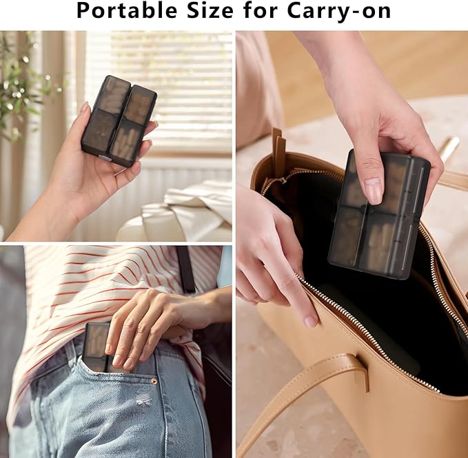 FYY Daily Pill Organizer, 7 Compartments Portable Pill Case Travel Pill Organizer,[Folding Design] Pill Box for Purse Pocket to Hold Vitamins,Cod Liver Oil,Supplements and Medication-Clear Black
