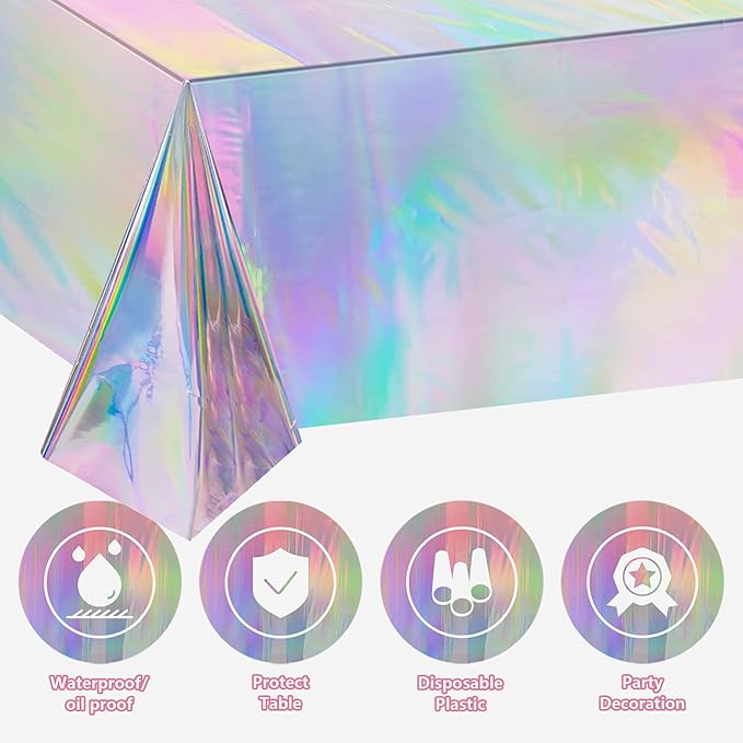 OHOME 4 Pack Iridescence Plastic Tablecloths Disposable Galentines Day Decorations New Years Birthday Disco Bachelorette Bridal Wedding Rainbow Iridescent Party Decorations 54" x 108"