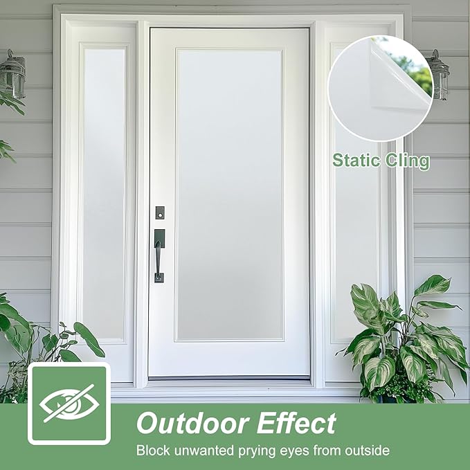Window Privacy Film Frosted Glass Window Film Decorative, Removable Static Cling Heat Blocking Sun Blocker Front Door Window Covering for Bathroom Home Office (Pure, 17.5" x 78.7")