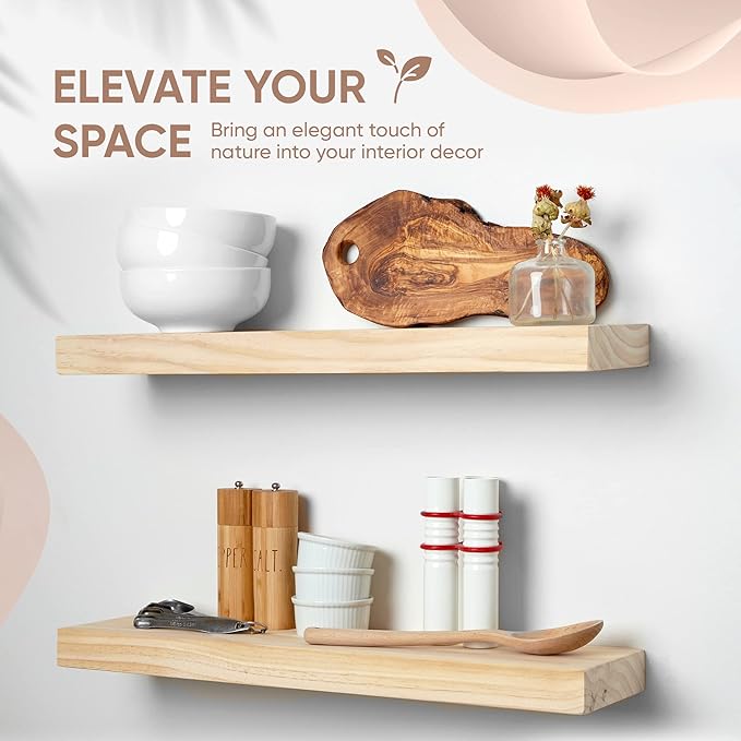Homeforia 24 inch Wood Floating Shelves, High-End Solid Natural Wood 24-inch Floating Shelf for Wall, Unfinished Wooden 24-inch Floating Shelves, Heavy Duty Bracket, 24 X 6.5 X 1.75 in, Set of 3