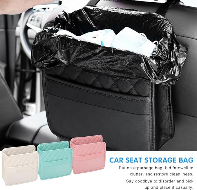 Mandark Car Seat Back Organizer, PU Leather Vehicle Backseat Hanging Storage Pocket, Multipurpose Auto Travel Essentials Accessories for Kids & Adults, Universal for Most Cars (Black)