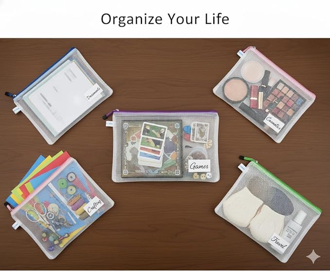 10pcs A3 Size Mesh Zipper Pouch Bags with Label Pocket, 16.9x12 Inches Large Reusable Plastic Zip Lock Bag for Classroom Organization, Pouch for Travel Organizing Puzzle Board Game Storage