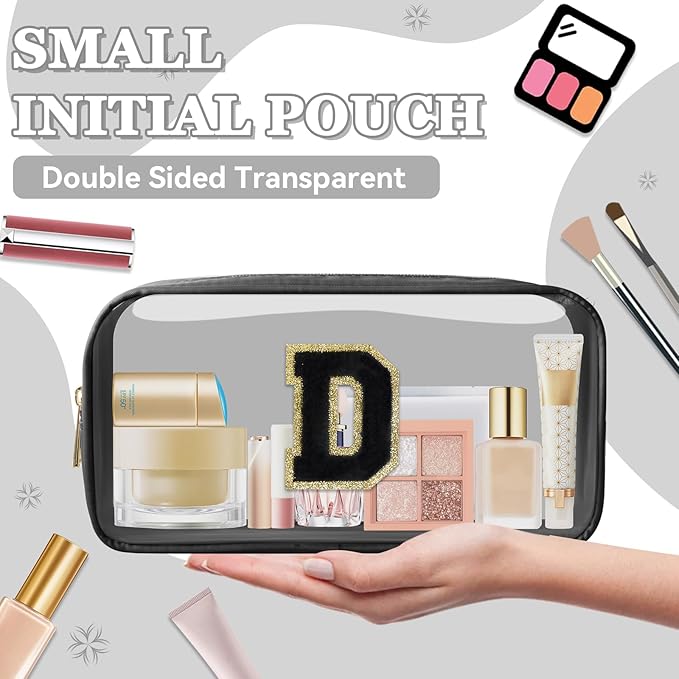 Small Clear Personalized Initial Makeup Bag,Nylon Preppy A-Z Chenille Letter Patch Cosmetic Pouch Beach Toiletry Bag,Waterproof Zipper Travel Purse Storage Bag Organizer for Women Girls(Black-Black D)