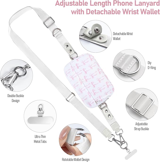 Clip and Go Strap for Phone with Wallet Crossbody Phone Lanyard and Detachable Checkered Bag with ID Window and RFID Pouch for Daily Travel. Bow