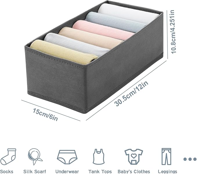 Qozary 3 Pack Sock Underwear Drawer Organizer Dividers, Non-Woven Fabric Collapsible Cabinet Closet Storage Boxes for Clothes, Socks, Lingerie, Underwear, Tie, Belt, Baby, Bedroom (Gray, 6 Cells)