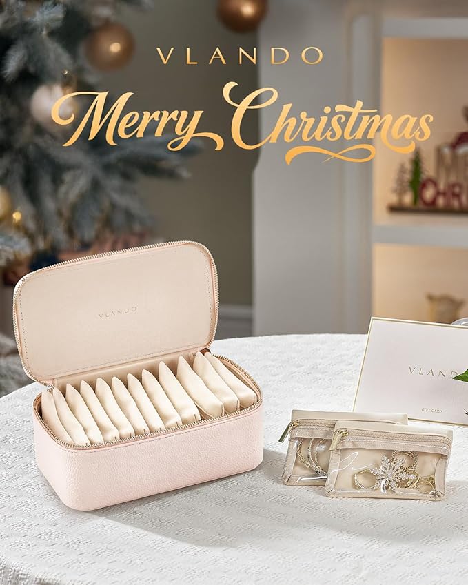 Vlando Jewelry Box Organzier for Travel,Graduation Gifts for Daughter,Jewelry Case with 12 Pcs Velvet Jewelry Bags for Earrings Necklace Rings,Valentine's Day,Birthday, Wedding Gift for Wome-Pink