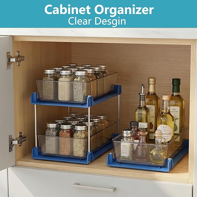 2 Pack 2 Tire Under Sink Organizer, Bathroom Organizers and Storage,Cabinet Drawers Bins, Pull-Out Organization with Track for Pantry, Kitchen,Fridge,Vanity Countertop (blue