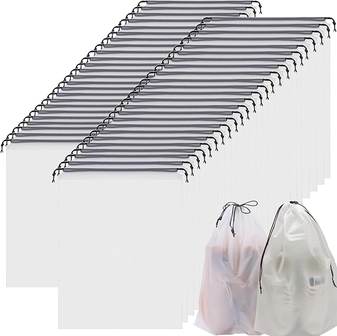 50 Pack Shoe Bags for Travel,Large Clear Shoes Storage Organizers Pouch with Rope for Men and Women,Transparent Travel Shoe Bags for Packing,Waterproof Drawstring Dust Bags Shoe Storage Bag