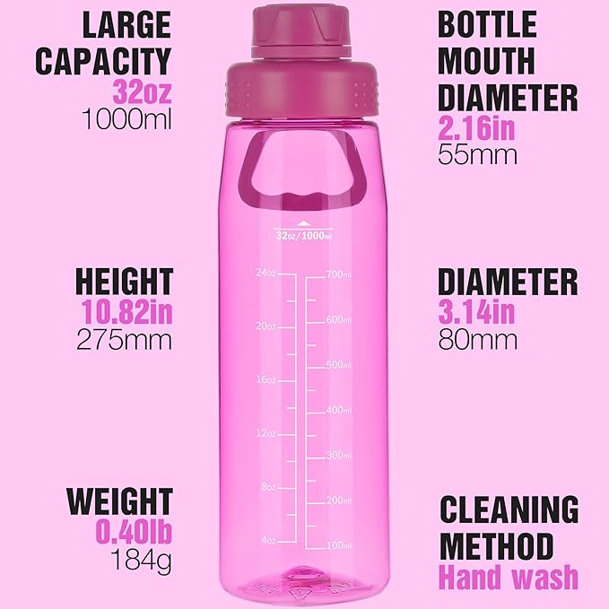 Water Bottle 32oz, clear water bottle with Spout Lid and Carry Handle, Reusable, Tritan, BPA Free, Hiking Water Bottle Suitable for Travel, Outdoors, Gym, Travel, Home, School (Rose)