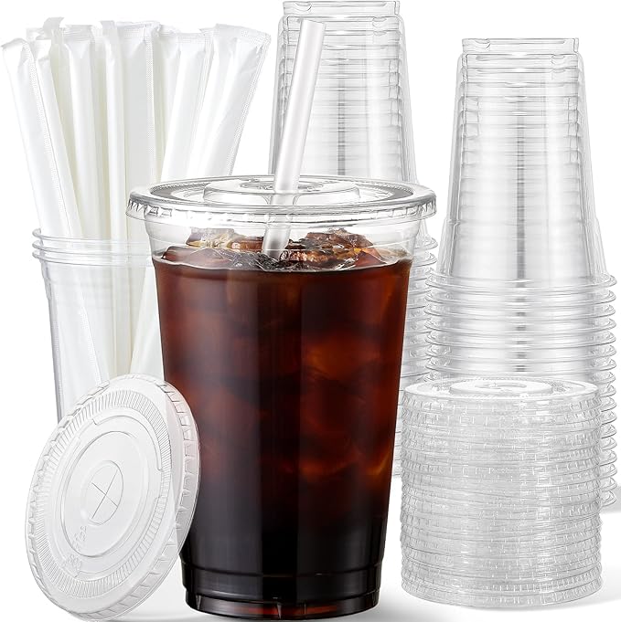 AOZITA 16 oz Plastic Cups with Lids and Straws, 50 Pack, Disposable Iced Coffee Cups with Lids, Clear Cups with Lids for Cold Drinks, Iced Tea, Milkshakes, Smoothies - Durable & BPA Free