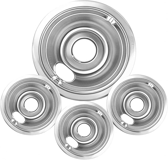 4-Piece Drip Pans Set - Compatible with GE Stoves - Chrome Finish Electric Stove Burner Drip Pans - 3 x 6inch, 1 x 8inch Stove Drip Pans - GE Stove Drip